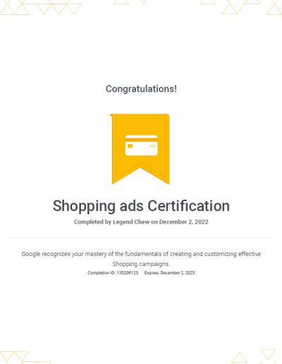 Google Shopping Ads Certification by Legend Chew